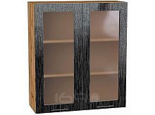 Шкаф верхний с 2-мя остекленными дверцами Валерия-М Черный металлик дождь Дуб Вотан 920*800*318