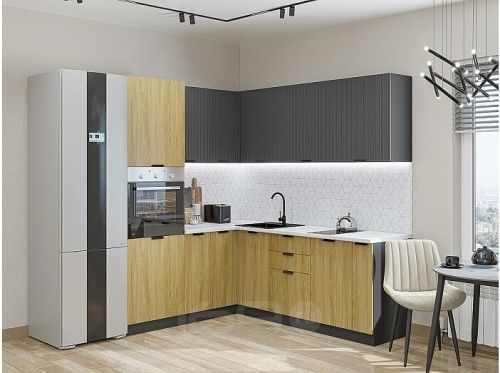 Модульный кухонный гарнитур Евро антрацит, дуб песочный 2140x1800/2150x600