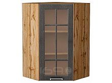 Шкаф верхний угловой остекленный Прага Венге премиум Дуб Вотан 920*600*600