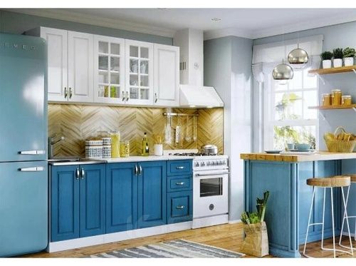 Кухонный гарнитур Констанция белый матовый, джинс 2140x1800x600