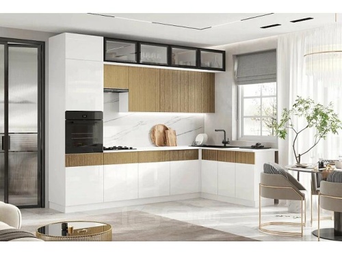 Кухонный гарнитур Оливия белый глянец, голдэн пэлас 2500x3000x600