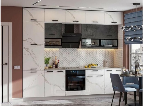 Кухонный гарнитур Техно мрамор белый софт, бетон графит 2500x3000x600