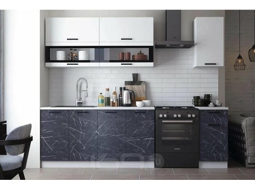 Кухонный гарнитур Техно белый глянец, мрамор темный 2140x2000x600