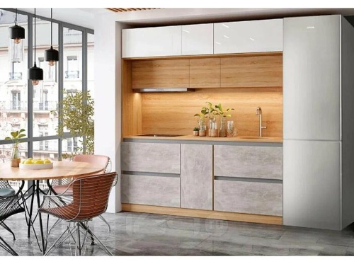 Кухонный гарнитур Карина белый глянец, бетон светлый 2260x2000x570