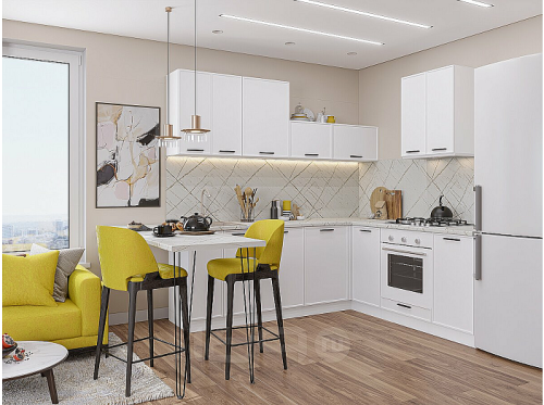 Модульный кухонный гарнитур Фрейм-03 white silk 2140x4200x600